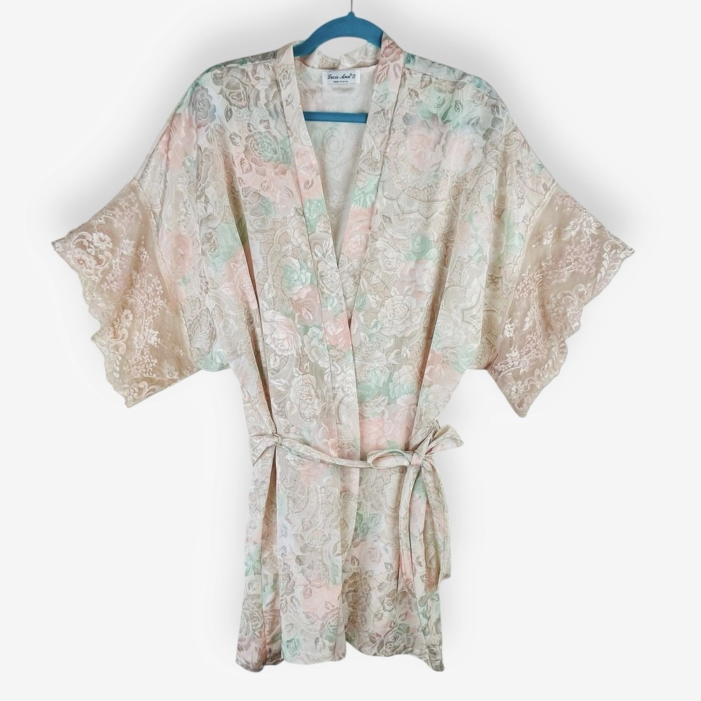 Vintage Lucie Ann Pink Floral Satin Robe Large Lace‎ Sleeves Peignoir Belted Tie